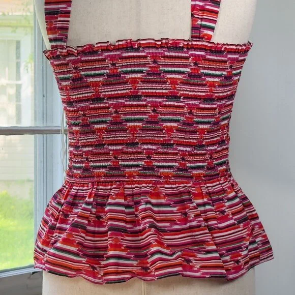 Loft Peplum Top Pink Striped Smocked Blouse 100% Cotton Dressy Casual Preppy Y2K - Picture 6 of 9